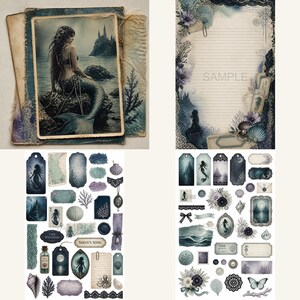 May include: A collection of stationery items featuring mermaid and ocean-themed illustrations in shades of blue, grey, and cream. The set includes lined writing paper with the word SAMPLE, decorative tags, stickers, and cards with sea life motifs.