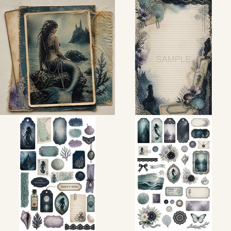May include: A collection of stationery items featuring mermaid and ocean-themed illustrations in shades of blue, grey, and cream. The set includes lined writing paper with the word SAMPLE, decorative tags, stickers, and cards with sea life motifs.