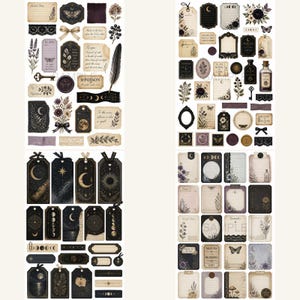 May include: A collection of vintage-style stickers and tags with a celestial and botanical theme. The designs feature moons, stars, butterflies, flowers, and handwritten text in shades of black, gold, and purple. Includes tags, labels, and decorative elements.