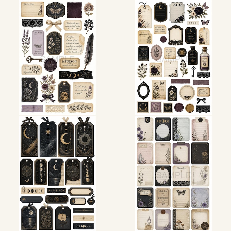 May include: A collection of vintage-style stickers and tags with a celestial and botanical theme. The designs feature moons, stars, butterflies, flowers, and handwritten text in shades of black, gold, and purple. Includes tags, labels, and decorative elements.