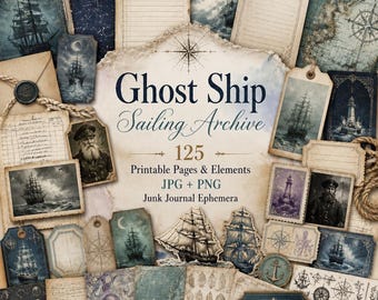 Dziennik żeglarski, zestaw Junk Journal, odbitki żeglarskie, clipart żeglarski, archiwum żeglarskie Ghost Ship