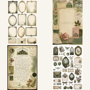 May include: A collection of digital scrapbooking elements featuring botanical illustrations, ornate frames, vintage-style envelopes with wax seals, handwritten script paper, and nature-themed stickers in muted green, brown, and cream tones.