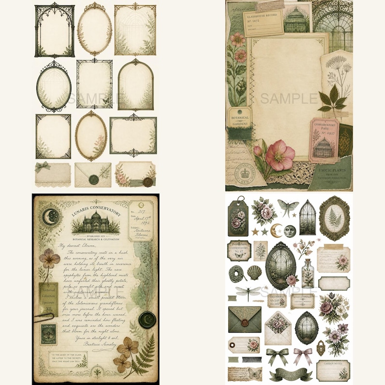 May include: A collection of digital scrapbooking elements featuring botanical illustrations, ornate frames, vintage-style envelopes with wax seals, handwritten script paper, and nature-themed stickers in muted green, brown, and cream tones.