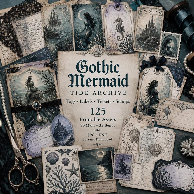 May include: A collection of printable paper assets featuring Gothic Mermaid Tide Archive text, including tags, labels, tickets, and stamps with illustrations of mermaids, castles, seahorses, and seashells in muted blue and cream tones.