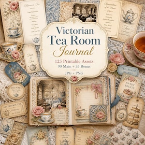 Diario de recuerdos para la hora del té, Kit, efímeros para la hora del té, efímeros para el té, Diario de salón de té victoriano