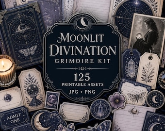Grimoire junk journal, Kit, witchcraft ephemera, spellbook journal kit, Moonlit Divination Grimoire Kit