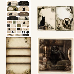 May include: A collection of paper ephemera featuring black cat illustrations, vintage-style labels, and decorative borders. The set includes various rectangular tags, journal pages with floral accents, and a square print of a black cat on a cushion.
