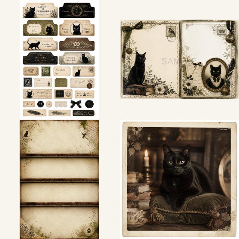 May include: A collection of paper ephemera featuring black cat illustrations, vintage-style labels, and decorative borders. The set includes various rectangular tags, journal pages with floral accents, and a square print of a black cat on a cushion.
