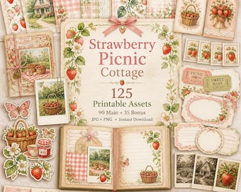 strawberry clipart, Junk Journal Kit, strawberry stickers, strawberry sticker, Strawberry Picnic Cottage Kit