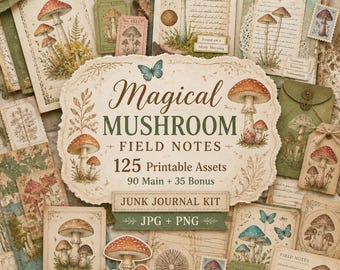 Mushroom Junk Journal, Kit, Pilzkarten, pingelige Pilzschnitte, magische Pilz Feldnotizen