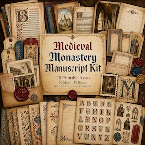 Diario medieval de objetos reciclados, kit, imágenes prediseñadas medievales, diario medieval, kit de manuscritos de monasterio medieval