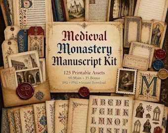 Diario medieval de objetos reciclados, kit, imágenes prediseñadas medievales, diario medieval, kit de manuscritos de monasterio medieval
