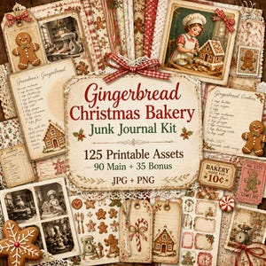 Puede incluir: Una colección de efímeras navideñas de estilo vintage, que incluye etiquetas, tarjetas de recetas e ilustraciones. El elemento central presenta el texto "Gingerbread Christmas Bakery Junk Journal Kit" con 125 activos imprimibles. La paleta de colores incluye rojo, beige y marrón.