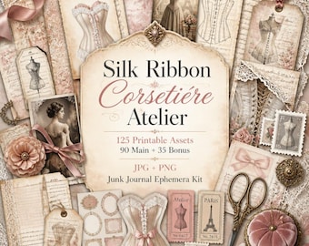 Näh-Junk-Journal-Set, Korsett-Ephemera & Vorlagen zum Ausdrucken, Papiere des Pariser Couture Ateliers