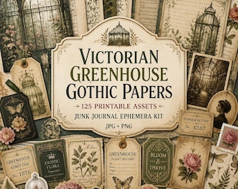 Zestaw szklarniowy, zestaw Junk Journal, kliparty szklarniowe, wiktoriańska szklarnia, Victorian Greenhouse Gothic Papers