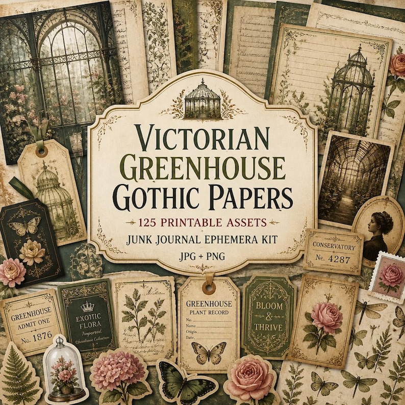 May include: A collection of printable ephemera featuring Victorian greenhouse and gothic themes. The central label reads Victorian Greenhouse Gothic Papers 125 Printable Assets Junk Journal Ephemera Kit JPG + PNG, surrounded by botanical illustrations, butterflies, roses, and vintage-style tags.