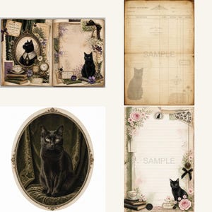 May include: A collection of digital scrapbook papers featuring vintage-style illustrations of black cats, ornate oval frames, floral accents, stacks of books, teacups, and antique ledger forms with the text "CABINET INVENTORY" and "SAMPLE".