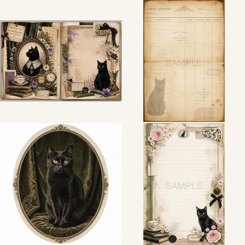 May include: A collection of digital scrapbook papers featuring vintage-style illustrations of black cats, ornate oval frames, floral accents, stacks of books, teacups, and antique ledger forms with the text "CABINET INVENTORY" and "SAMPLE".