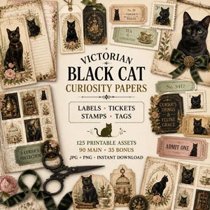 May include: A collection of Victorian black cat curiosity papers featuring 125 printable assets including labels, tickets, stamps, and tags. The set displays various black cat illustrations, floral accents, and vintage-style text on paper.