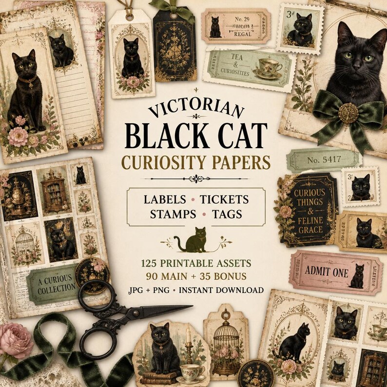 May include: A collection of Victorian black cat curiosity papers featuring 125 printable assets including labels, tickets, stamps, and tags. The set displays various black cat illustrations, floral accents, and vintage-style text on paper.
