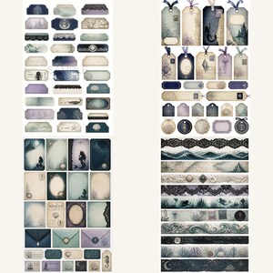 May include: A collection of nautical-themed paper ephemera including rectangular labels, gift tags with ribbons, stationery cards, envelopes, and decorative borders. The designs feature deep blue and cream tones with illustrations of mermaids, shells, waves, and lace.