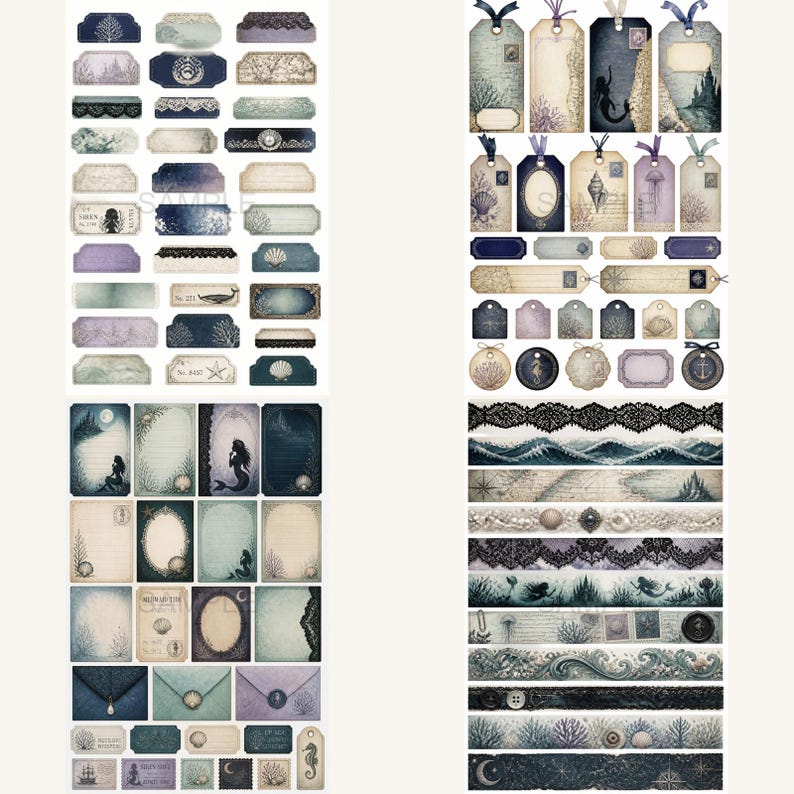 May include: A collection of nautical-themed paper ephemera including rectangular labels, gift tags with ribbons, stationery cards, envelopes, and decorative borders. The designs feature deep blue and cream tones with illustrations of mermaids, shells, waves, and lace.
