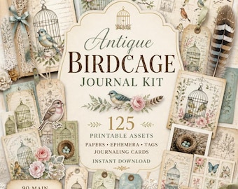 Diario creativo con uccelli, Kit, stampe vintage di uccelli, carta con uccelli, Kit per diario con gabbia per uccelli antica