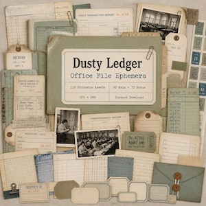 Skräpjournal för Ledger, Kit, Ledger-ephemera, utskrivbar filmapp, Dusty Ledger Office-filkit