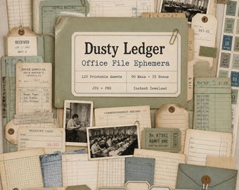 Ledger junk journal, Kit, ledger ephemera, file folder printable, Dusty Ledger Office File Kit