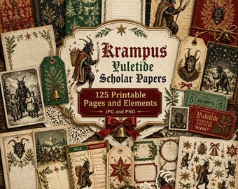 Krampus junk journal, folk art scrapbook kit, alpine legend printables, woodblock texture paper, krampus ephemera, festive dark collage