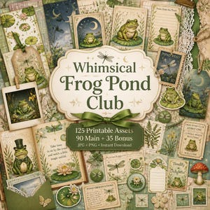 May include: A collection of printable assets with a whimsical frog theme. The image features various cards, tags, and illustrations with frogs, dragonflies, and lily pads. The text "Whimsical Frog Pond Club" is prominently displayed.