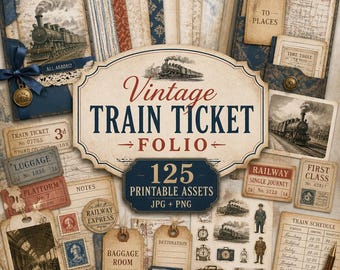 Train junk journal, Kit, train clipart, train ticket, Vintage Train Ticket Folio