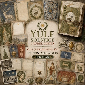 Może przedstawiać: Zestaw do junk journala Yule Solstice Laurel Codex zawierający 125 elementów do druku w formatach JPG i PNG. Kolekcja obejmuje karty, etykiety i papiery w stylu vintage ozdobione motywami jeleni, wieńców laurowych, gwiazd i postaci.