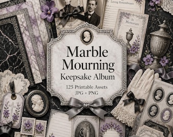 Mourning junk journal, Kit, mourning ephemera, victorian memorial printable, Marble Mourning Keepsake Album