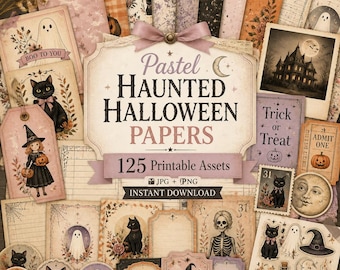 Papel para diario creativo de Halloween, kit, imprimibles de Halloween, pegatinas de Halloween, papeles de Halloween embrujados en tonos pastel