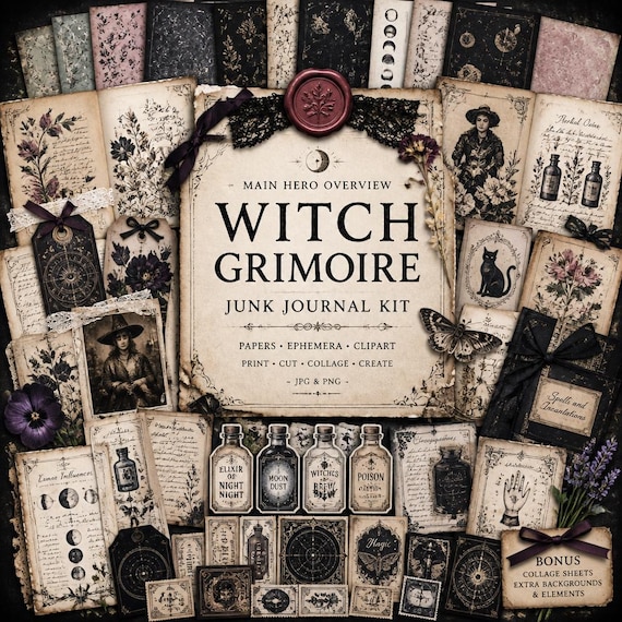 Witch Grimoire Junk Journal Kit, Dark Academia Ephemera, Printable Papers (Digital Download)