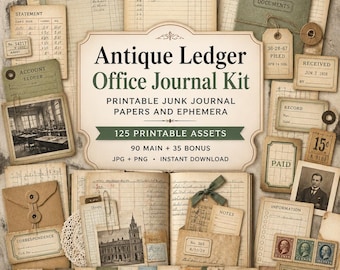 Ledger junk journal, Kit, antique ledger paper, antique ledger, Antique Ledger Office Journal Kit