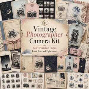 May include: A collection of vintage-style ephemera for a photographer's junk journal. The kit includes tags, journal pages, stickers, and other decorative elements featuring cameras, celestial designs, and floral accents. The text "Vintage Photographer Camera Kit" is visible.