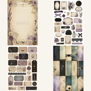 May include: A collection of vintage-style paper ephemera with a botanical and celestial theme. Includes lined paper, labels, tags, and decorative elements in shades of purple, beige, and black. Some items feature the text "SAMPLE", "LUNAR", "WITCHES", and "ALCHEMY".