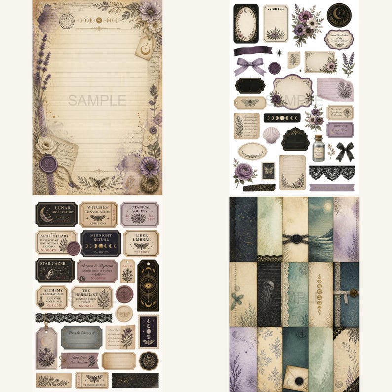 May include: A collection of vintage-style paper ephemera with a botanical and celestial theme. Includes lined paper, labels, tags, and decorative elements in shades of purple, beige, and black. Some items feature the text "SAMPLE", "LUNAR", "WITCHES", and "ALCHEMY".