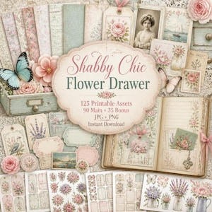 Könnte beinhalten: Eine digitale Sammlung von 125 druckbaren Elementen mit dem Titel Shabby Chic Flower Drawer, bestehend aus Blumenmustern, Vintage-Etiketten, Schmetterlingen und einem offenen Buch mit Taschen. Das Set enthält 90 Haupt- und 35 Bonus-JPG- und PNG-Dateien.