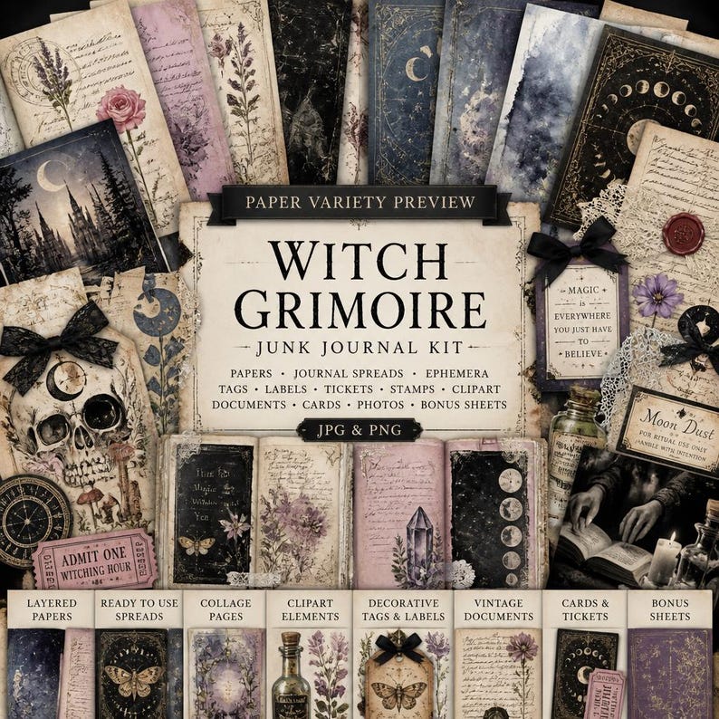 May include: A collection of vintage-style papers, tags, and ephemera for junk journaling. The "Witch Grimoire" kit includes layered papers, collage pages, and decorative elements. The color palette features muted tones of purple, beige, and black, with botanical and celestial motifs.