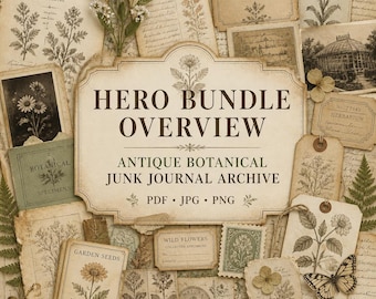 Antique Botanical Junk Journal Kit, Vintage Garden Ephemera, Herbarium Papers, Printable Collage Bundle