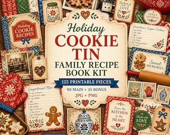 Holiday cookie tin family recipe junk journal, folk art kitchen paper, cookie journal kit, ornament paper pack, nostalgic baking papers