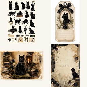 May include: A collection of black cat themed stationery items including a sticker sheet with various cat poses, a decorative gift tag with a black bow and the text Forever in my heart, a vintage style cat illustration, and a cat themed paper background.