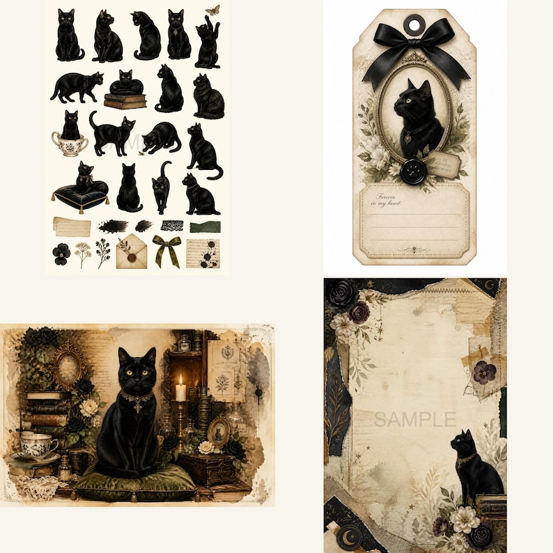May include: A collection of black cat themed stationery items including a sticker sheet with various cat poses, a decorative gift tag with a black bow and the text Forever in my heart, a vintage style cat illustration, and a cat themed paper background.