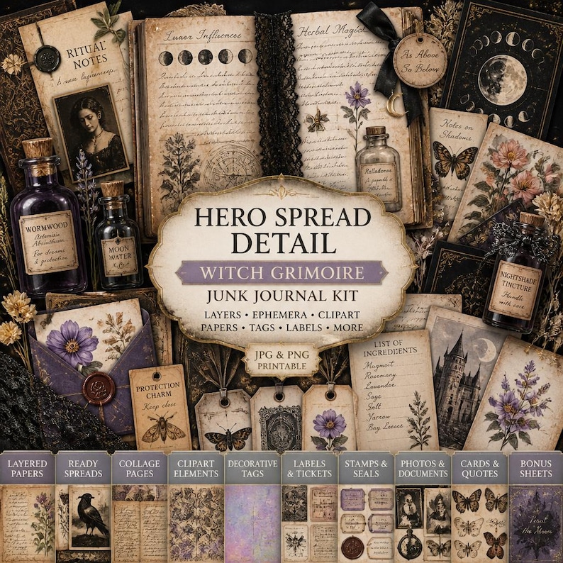 May include: A collection of vintage-style ephemera for a witch-themed junk journal kit. The image features aged paper, bottles, tags, and labels with botanical and celestial designs. Text includes "Hero Spread Detail", "Witch Grimoire", and "Junk Journal Kit".