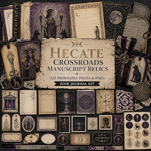 May include: A Hecate Crossroads Manuscript Relics junk journal kit featuring 125 printable pages and PNGs. The collection includes aged paper textures, illustrations of Hecate, dogs, torches, moons, and occult symbols in shades of purple, gold, and cream.