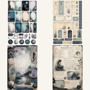 May include: A collection of paper ephemera featuring nautical and mermaid themes in shades of blue, purple, and cream. The set includes rectangular journaling cards, tags, circular labels, and vintage-style ledger sheets with illustrations of sea life.