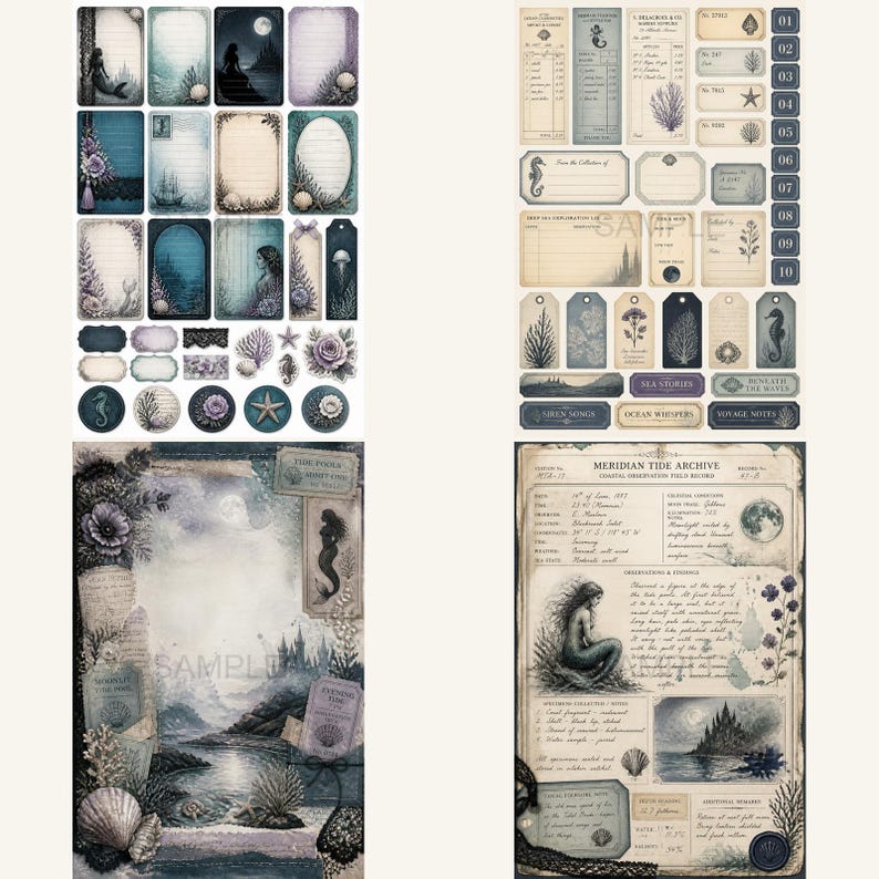 May include: A collection of paper ephemera featuring nautical and mermaid themes in shades of blue, purple, and cream. The set includes rectangular journaling cards, tags, circular labels, and vintage-style ledger sheets with illustrations of sea life.